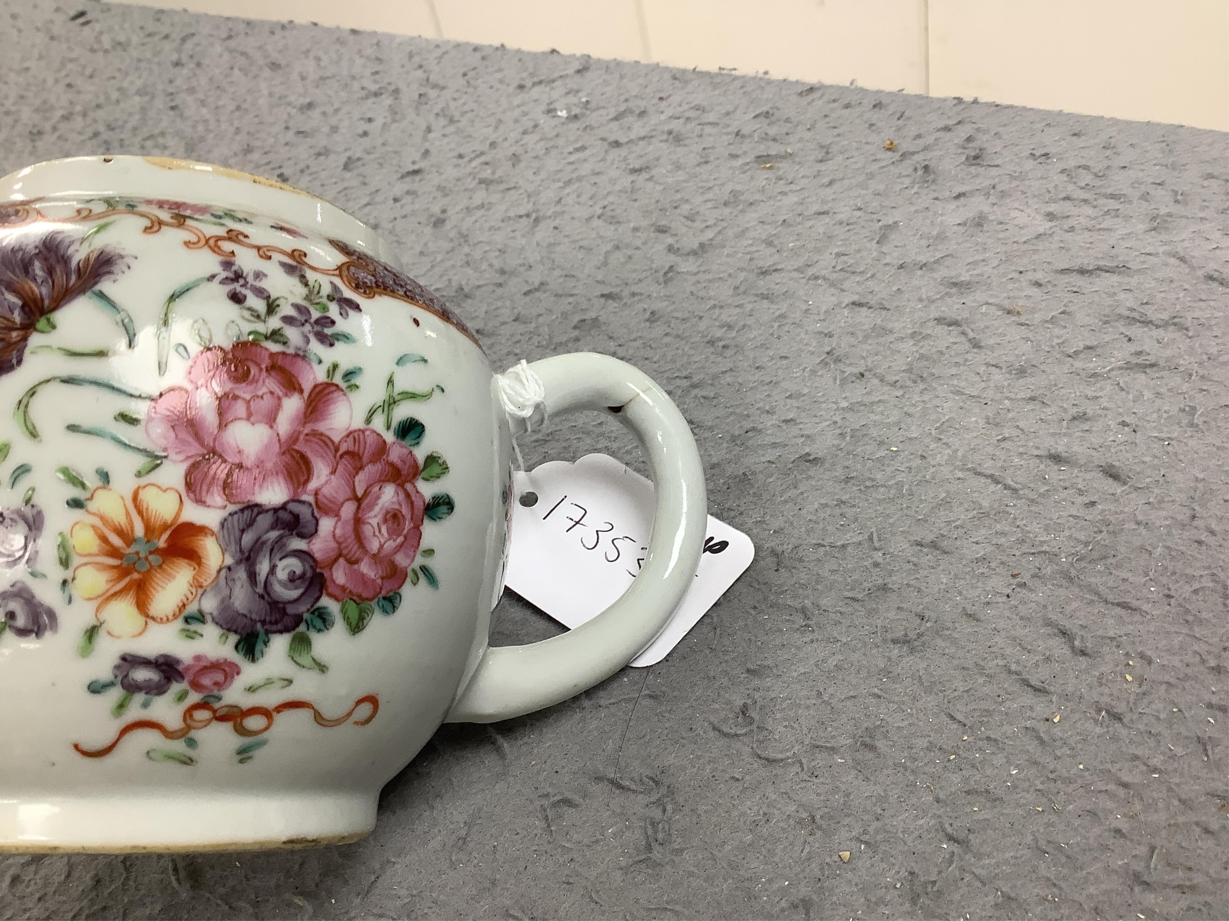 An 18th century Chinese porcelain teapot and a set of tea bowls and saucers, teapot 13cm high. Condition - mixed poor to fair